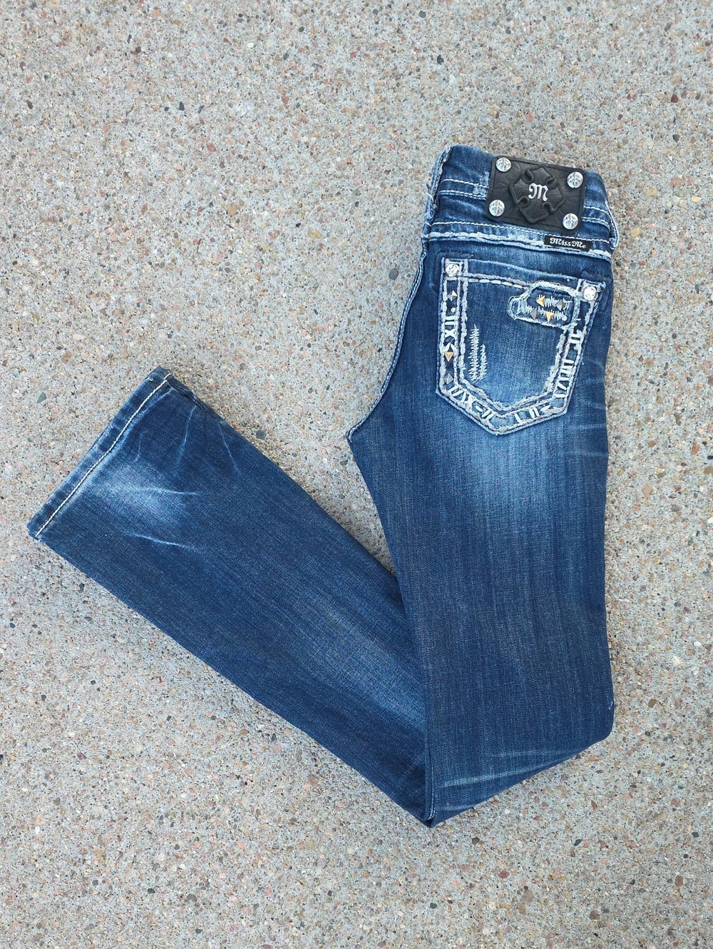 Miss Me Low Rise Distressed Blingy Bootcut Jeans Size 25 Longer Length